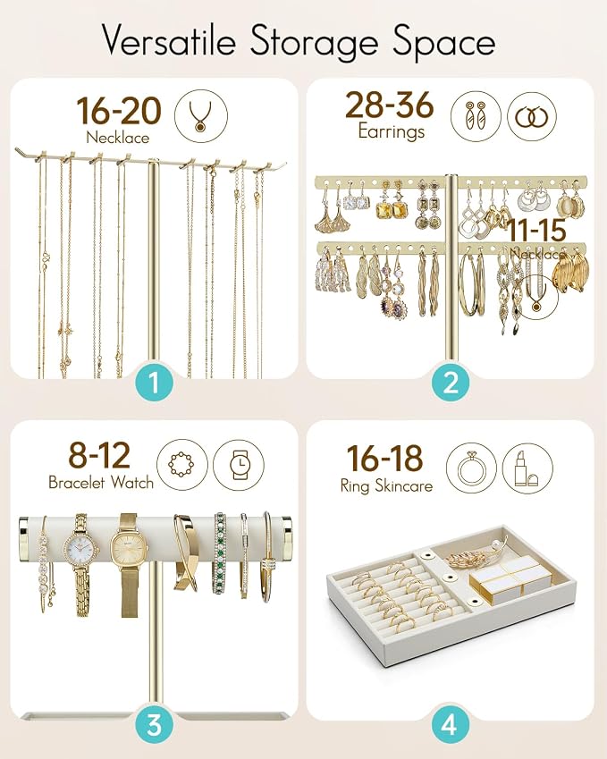 VLANDO 3 Tier Jewelry Stand Organizer with Tary, Leather Jewelry Holder Display for Women, Gold Jewlery Holder Display for Necklace, Earring, Bracelet, Rings - Cloud White