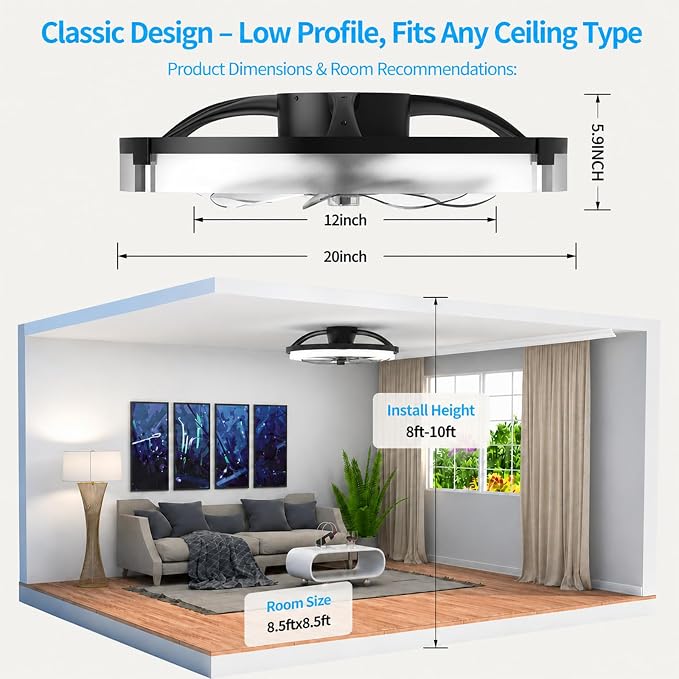 Ceiling Fans with Lights and Remote, 20'' Low Profile Ceiling Fan, 1-6 Wind Speeds, 3000-6500K Dimmable Flush Mount LED Fan Light, Modern Fandelier Ceiling Fans for Bedroom