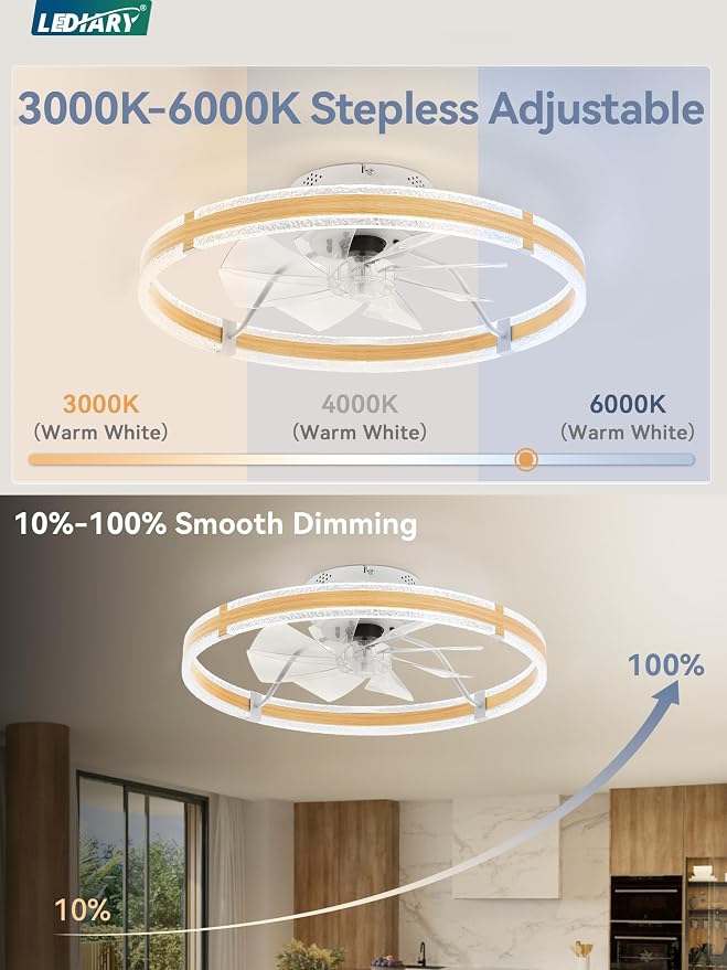 LEDIARY Ceiling Fans with Lights and Remote, 24'' Low Profile Ceiling Fan with Light, 3000-6000K Dimmable Fandelier Ceiling Fans, Modern Flush Mount Fan for Bedroom with 6 Wind Speeds- Wood Grain