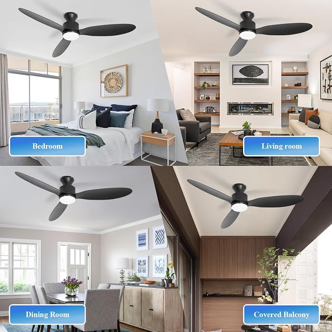 Flush Mount Ceiling Fan with Light and Remote, 52 inch Low Profile Ceiling Fans with Remote, 3 Color Light, 6 Speed, DC Motor, (ABS, Classic Black)