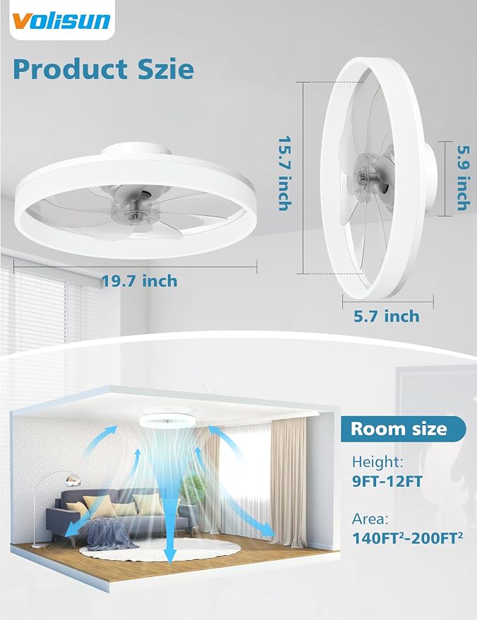 VOLISUN Low Profile Ceiling Fans with Lights and Remote, Ceiling Fan with Light Flush Mount, No Assembly, 3000K-6500K Dimmable, White Fandelier Ceilings Fans with Lights for Bedroom