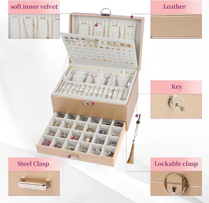BOOVO Large Jewelry Boxes For Women (Champagne) | 5 Layers Jewelry Organizer Box With Cosmetic Storage Drawer, Necklace Ring Jewelry Organizer Box