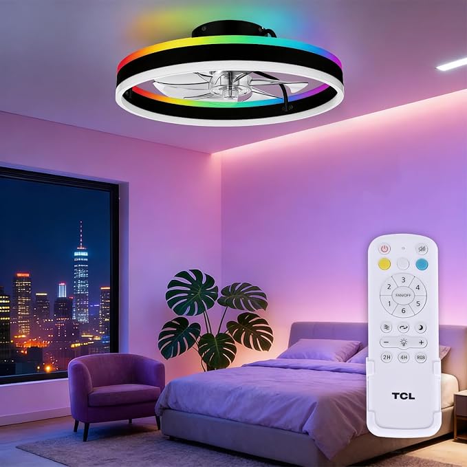 TCL 20'' Flush Mount Ceiling Fan with Lights and Remote, RGB Backlight Dual Lighting Mode, Modern Low Profile Ceiling Fan with Quiet DC Motor, Stylish Lighting for Bedroom, Black