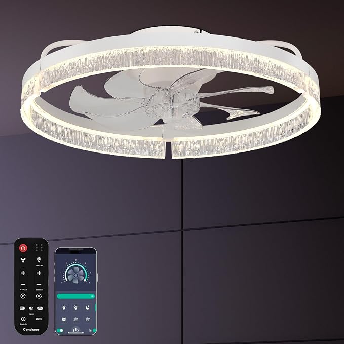 Conciseer 20 Inch Ceiling Fans with Lights and Remote, Flush Mount,3CCT 3000-6500K Dimmable 4W-35W, Low Profile 6 Speed Reversible Quiet DC Motor for Bedroom, Kids Room and Living Room, White