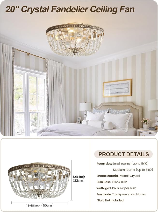 20" Flush Mount Fandelier Ceiling Fan with Light, Crystal Gold Fandelier Ceiling Fan with Light Remote Control, Vintage French Country Caged with 6 Speeds for Bedroom, Living Room, Foyer, Nursery