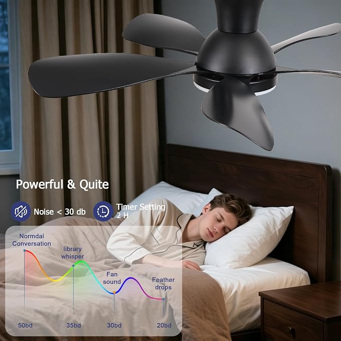 NKPU 33Inch Black Low Profile Ceiling Fans with Lights and Remote/APP Control, Reversible DC Motor, 6 Speeds, Modern Flush Mount Ceiling Fan with 5 Blades for Outdoor Patio,Small Room,Bedroom