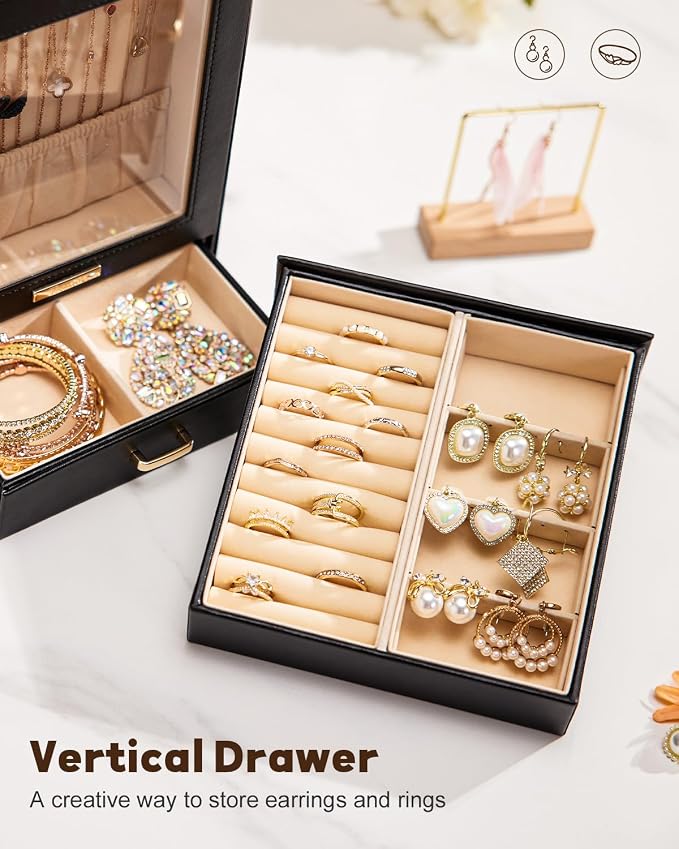 Homde Display Jewelry Box for Girls: Starter Organizer with Clear Window | Vertical Drawers for Earrings Rings Necklaces - Compact Footprint Fits Small Vanities - Birthday&Graduation Gift for Teens