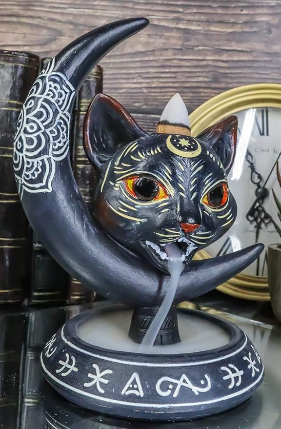 Ebros Gift Paranormal Occult Ouija Sacred Geometry Black Cat with Crescent Moon and Mandala Chakra Flower Backflow Cone Incense Burner Holder with Cascading Smoke Pool Waterfall Effect Figurine