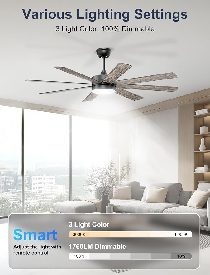 60'' Ceiling Fans with Lights - Modern Black Ceiling Fan Remote/APP Control, Dimmable, Quiet DC Motor Ceiling Fan for Indoor/Covered Outdoor