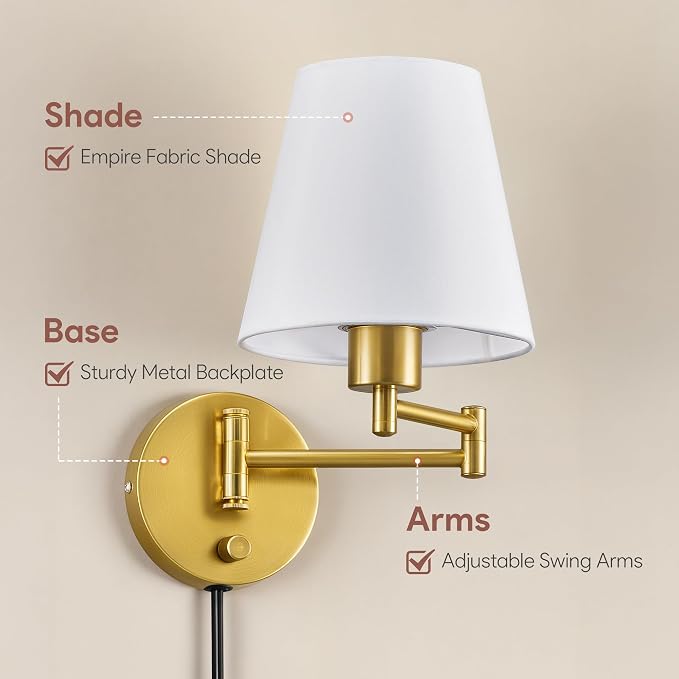VONLUCE Swing Arm Wall Lamp, Plug in & Hardwired Wall Sconce, Adjustable Wall Mounted Lighting Fixture, Modern Wall Light with Golden Base White Fabric Shade for Bedside, Hallway, Reading