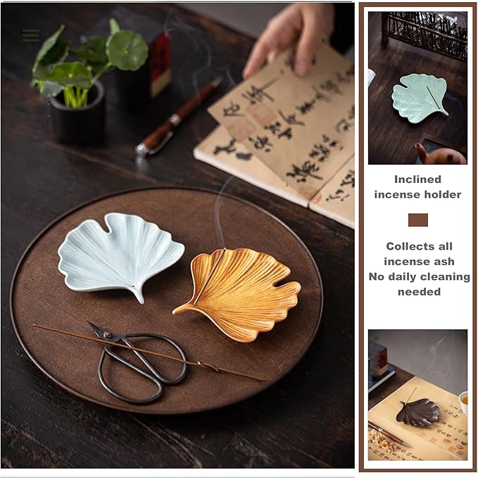 Ceramic Incense Holder,Incense Burner Tray for Sticks,Coil,Cone,Handcrafted Burner Ash Catcher for Yoga Meditation Energy Cleansing Room Décor (Celadon, Ginkgo Leaf & Gourd)