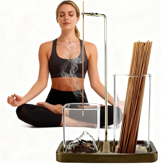 2 in 1 Incense Holder for Sticks, Anti-Ash Flying Burner with 40 Incense Sticks & Removable Glass Ash Catcher, Home Decor for Meditation Yoga Spa