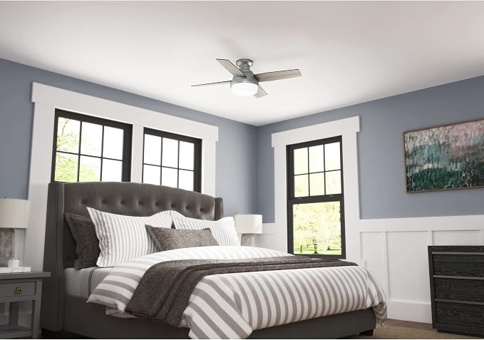 Hunter 44 inch Indoor Ceiling Fan with LED Light and Remote Control - Modern Ceiling Fan, Low Profile Mount, 4 Blades, For Bedroom, Living Room, or Kitchen, Quiet - Dempsey 51757, Matte Silver