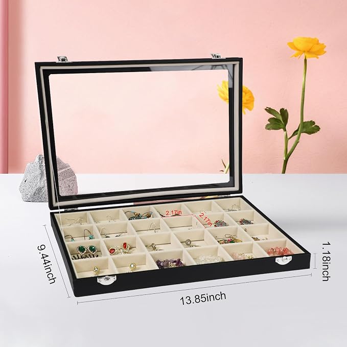 Stratalife 24 Grid Earring Organizer, Jewelry Holder Organizer with Lid | PU Leather Storage Box for Earring, Ring, Studs and Trinkets, Soft Velvet Drawer Organizer for Women, Dustproof, Beige Black