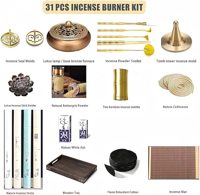 31 Pcs Powder Incense Burner Set, Brass Incense Making Kit, Chinese Incense Burner Powder Set Includes Holder/Stick/Cone/Coil/Ash Catcher Tray, Gift for Yoga and Meditation (31)