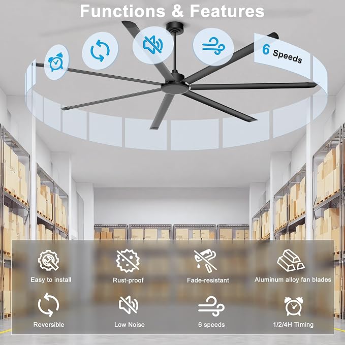 Ohniyou 108'' Ceiling Fan No Light, Black Industrial Ceiling Fan with Remote/APP, 7 Aluminum Blades, 20000 CFM DC Motor for Gym, Warehouse, Garage, Shop