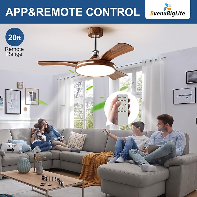 Ceiling Fans with Lights and Remote: 42-Inch Ceiling Fan 3 Blades Round Low Profile Outdoor - Walnut Ceiling Fans with Remote Control Chrome Rod Quiet Reversible DC Motor for Living Room