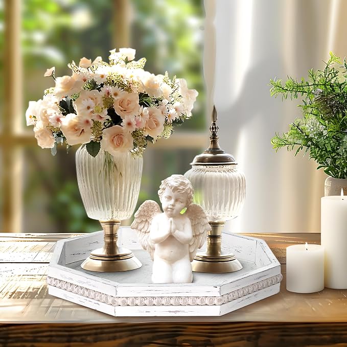 Wooden Decorative Tray, Small Serving Tray with Wood Bead, Farmhouse Big Tray for Ottoman, Countertop, Coffee Tabl, 13" x 13"x 1.6" (Retro White)