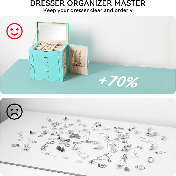 Frebeauty 6-Layer Jewelry Box for Women,Large Jewelry Organizer with Drawer | Faux Leather,Built-in Mirror,Spacious Jewelry Storage,16 Necklace Hooks,Organizing by Category for Rings Earrings Bracelet