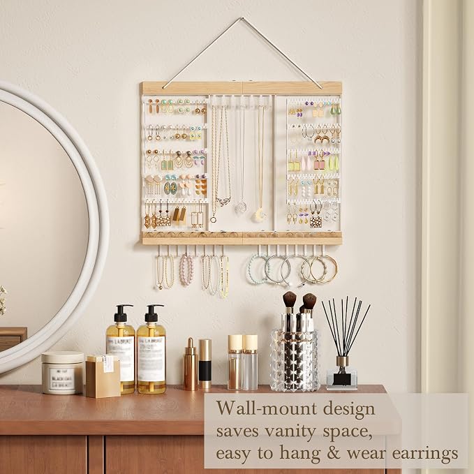 Large Rotating Hanging Jewelry Organizer, 5-Tier Wall Mounted Earring Holder for 180 Pairs, Jewelry Rack for Earrings, Necklaces, Bracelets & Rings, Necklaces, Bracelets & Rings, for Girls, White