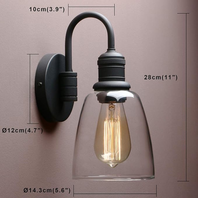 Yosoan 1-Light Vintage Wall Sconce, Black Industrial Fixture Light with Elegant Gooseneck Curved Rod, Indoor Clear Glass Shade Wall Lamp Lighting for Bathroom Porch Kitchen Living Room Restaurant