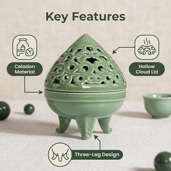 Mini Ceramic Incense Burner - Chinese Classic Plum Green Celadon Glaze, Fragrance Cone & Stick Holder Palo Santo/Sage/Herb Burner for Meditation, Yoga, Desk Decor, Zen Relaxation Gift (Cloud-B)