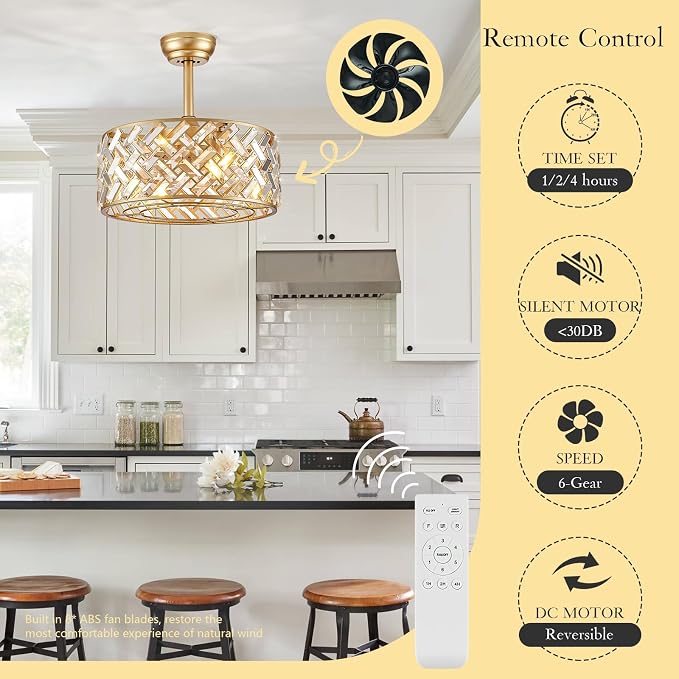 CATINER Gold Crystal Caged Ceiling Fans with Light, 18" Bladeless Ceiling Fan with Remote Control, 6 Speed Enclosed Ceiling Fan with Reversible Motor for Bedroom Kitchen Living Room