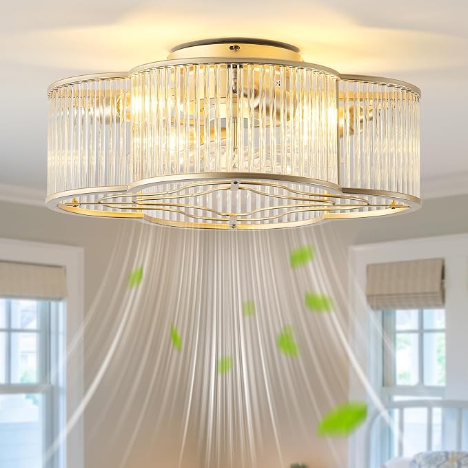 Boho Ceiling Fans with Lights, 20" Low Profile Ceiling Fan with Light Remote Control, Bladeless Flush Mount with 6 Speeds for Bedroom, Nursery, Living Room.