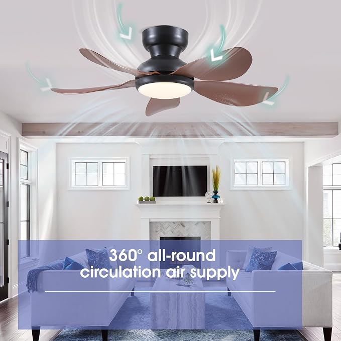 Kviflon 36 Inch Modern Ceiling Fans with Lights, Small Flush Mount Ceiling Fan with Light and Remote/APP Control, 5 Reversible 6 Speeds Curved Blades, 3 CCT Dimmable Lights for Kids Room, Brown