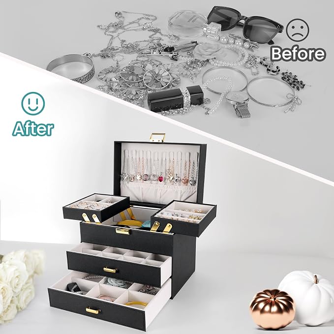 Dajasan Jewelry Organizer Box, Large Jewelry Boxes for Women Girls, Space-Saving 4 Layers Jewelry Storage Case with Drawer, Movable Metal Stand, Modern, Gift Idea (Black + Gold)