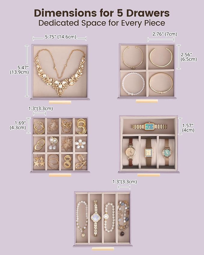Lolalet Large Jewelry Box Organizer for Women, 6-Layer Jewelry Organizers and Storage Case with Mirror & 5 Drawers, Lockable Watch Ring Earring Bracelet Necklace Holder Girls Gift -6Layer, HazePurple