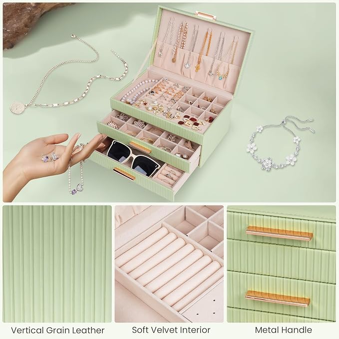 Dajasan Jewelry Box Organizer, 3-Tier Jewelry Storage with 2 Drawers, Large Jewelry Boxes for Women, PU Leather Surface with Texture, Gift Idea, Modern Style, 10.71 x 7 x 5.6 Inches (Avocado Green)