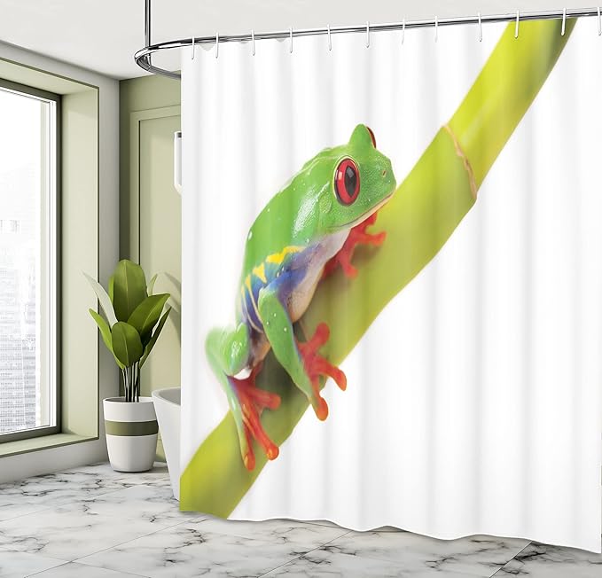 Ambesonne Animal Shower Curtain, Little Tree Frog Sitting on The Branch Native Animals in American Wilds, Cloth Fabric Bathroom Decor Set with Hooks, 69" W x 75" L, Green White Red