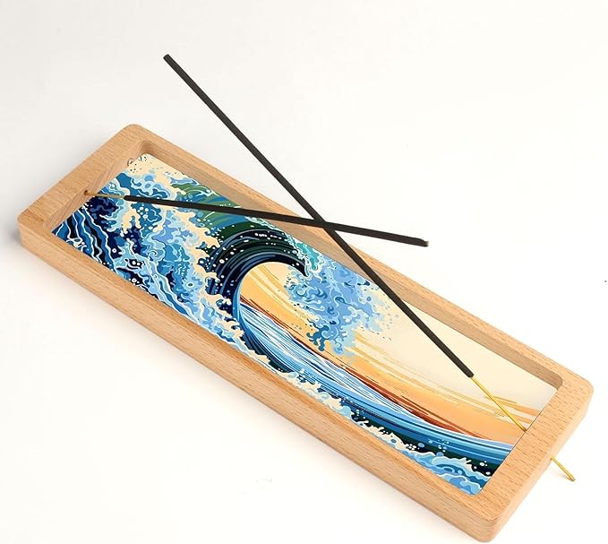 Incense Stick Holder with Wide Glass Base Ocean Landscape Wooden Incense Tray Home Decor AEFTJI