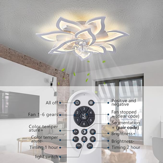 32inch White Flower Modern Ceiling Fans with Lights, Low Profile Ceiling Fan with Remote for Bedroom, Flush Mount Ceiling Fan with LED Dimmable Light,6-Speeds, Timing Ceiling Fan Light