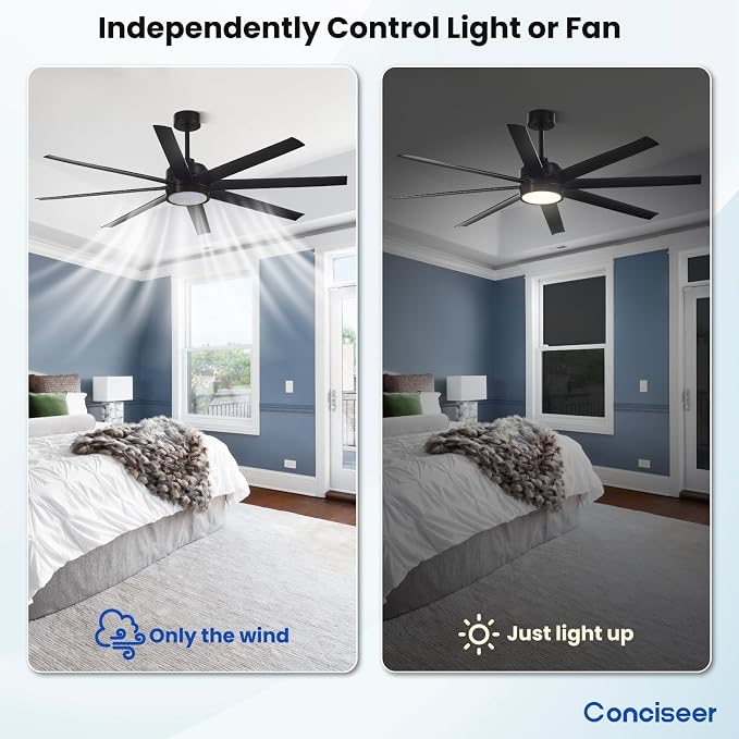 Modern Ceiling Fans with Lights, 65 Inch Ceiling Fan with Light and Remote for Bedroom Living Room Kitchen Office, Indoor/Outdoor Use, 24W 6CCT 8 Blades 6 Speed Reversible Quiet DC Motor, Black