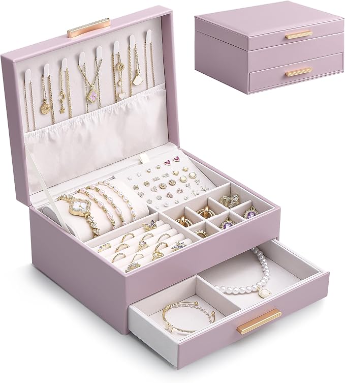 Lolalet 2-Layer Jewelry Box Organizer Holder for Women Girls Mom -Purple | Jewelry Storage Case with Drawers for Necklaces Ring Earrings Bracelet Watch, Gifts Choice for Mom Mother’s Day