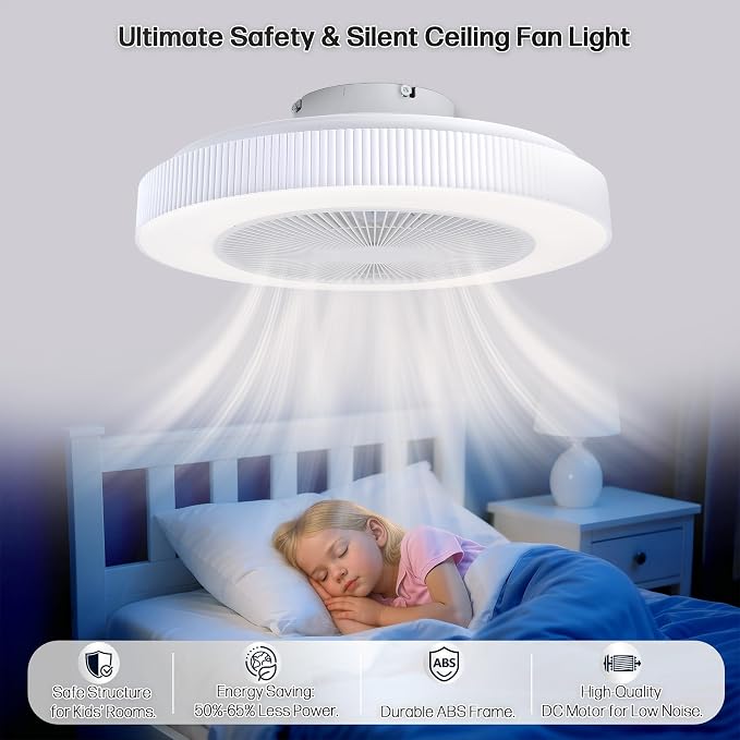 20" Bladeless Ceiling Fans with Light Remote Control,LED Smart Flush Mount Ceiling Fan With light for Bedroom, Kids Room, Reversible Motor, 6 Wind Speed, 3000LM, 57W-White/Black (White)