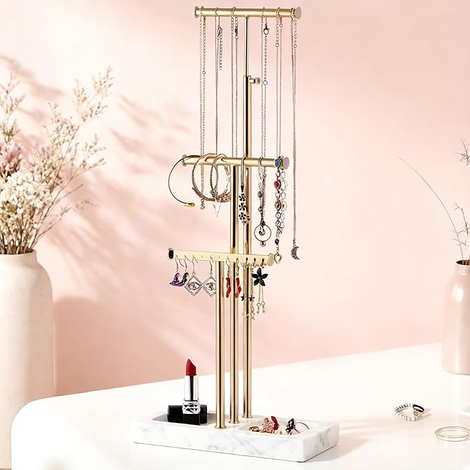 Love-KANKEI 3-Tier Jewelry Organizer Stand,Adjustable Height,White/Gold | Metal Rod,Solid Wood Base,Easy to Install,Tree Style,Display Long Necklaces,Bracelets,Earrings,Rings,Watches,Bangles,Gift