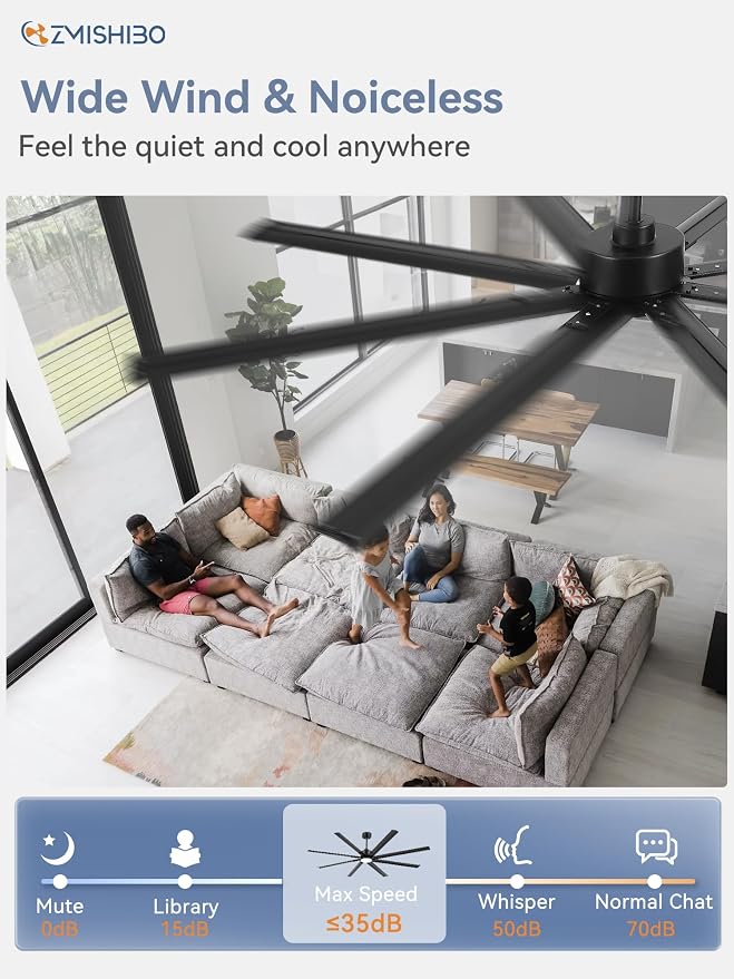 ZMISHIBO 96" Industrial Ceiling Fans with Lights, Large Ceiling Fan with 3CCT, 8 Reverisble Aluminum Blades, Quiet DC Motor, 6-Speed Remote, Indoor/Outdoor Ceiling Fans for Patios/Garage/Porch,Black