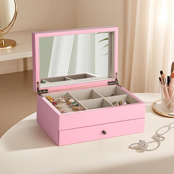 Meangood Jewelry Box Organizer for Women, 2 Layer Large Jewelry Storage Case, Rustic Wooden Jewelry Box with Mirror & Ring Tray for Necklace Earring Bracelets Rings, Vintage Style (Pink)