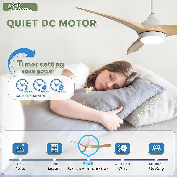 Sofucor 52 Inch Smart Ceiling Fan, Modern Outdoor Ceiling Fans with Lights Remote Control, Works with Alexa/App/Google, Airflow 6000CFM ABS 3 Blades Reversible DC Motor for Living Room Bedroom Patio