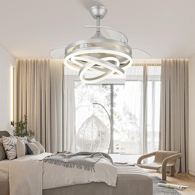 FIDGRA 42 Inch Retractable Ceiling Fan, Chandelier Ceiling Fans with Lights, Silent DC Motor, 6 Speeds, 3 Color Changing for Bedroom Living Room (Silver)