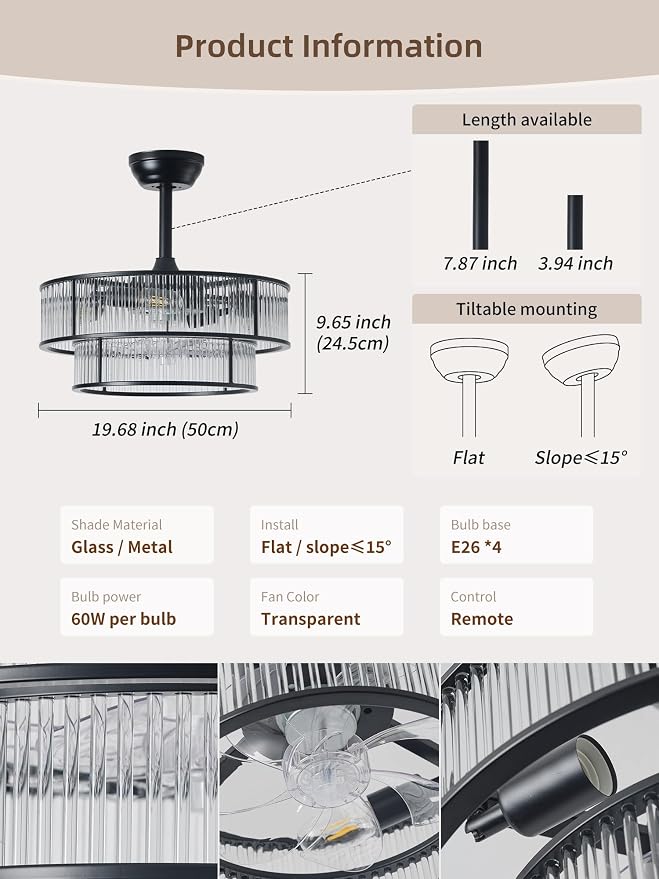 Black Fandelier Ceiling Fans with Lights, 20" Black Crystal Chandelier Ceiling Fan with Light Remote Control, Caged Mid Century with 6 Speeds for Bedroom, Living Room, Nursery