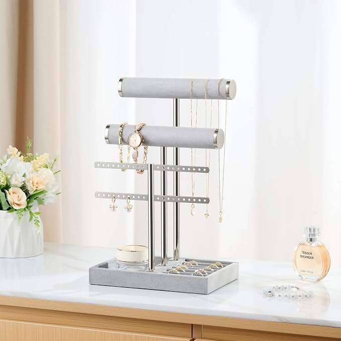 Jewelry Organizer Stand for Necklaces, Bracelets, Earrings, Rings, Grey | 3 Tier Velvet Bracelet Holder Display | Jewelry Organizers and Storage | Jewelry Tree | Jewelry Towers