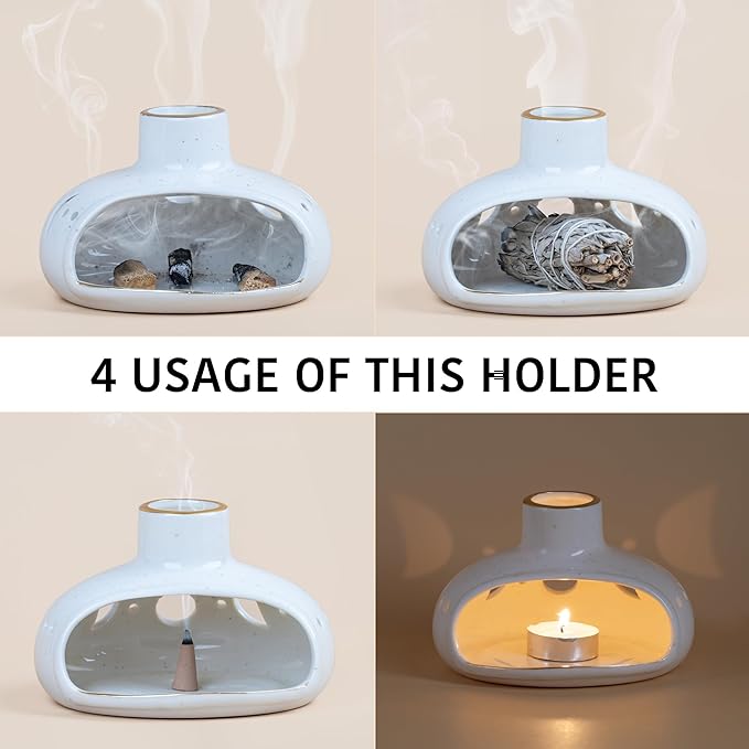 ZenBless 3 in 1 Incense Holder for Palo Santo Sticks Sage Incense, Handcrafted Ceramic Incense Burner Holder Ash Catcher with Chimney, Smudge Bowl for Yoga Meditation Room Home Decor