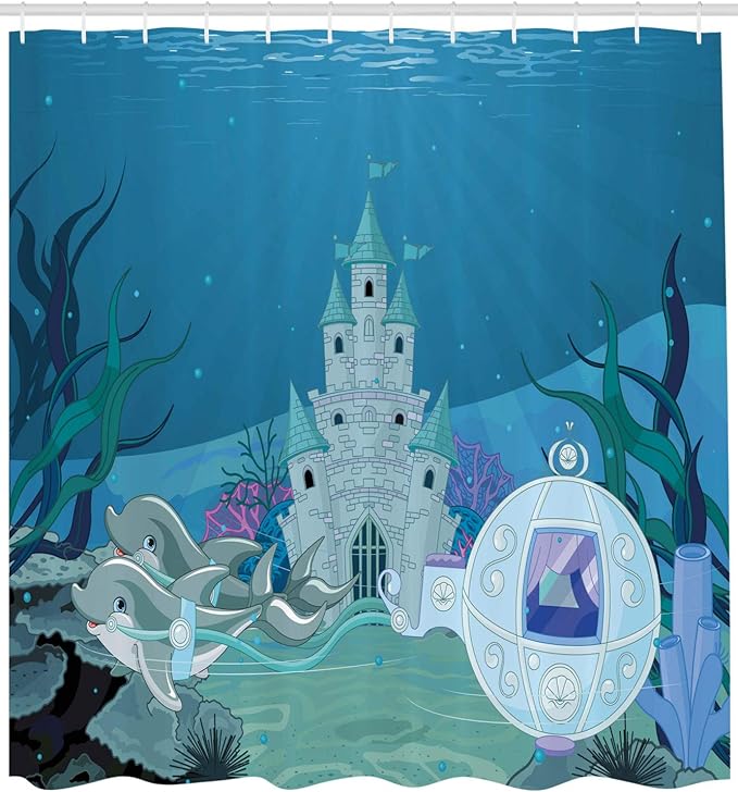 Ambesonne Ocean Shower Curtain, Mermaid Castle with Dolphins Moss Fish Sun Beams Art Print, Cloth Fabric Bathroom Decor Set with Hooks, 69" W x 75" L, Turquoise Teal