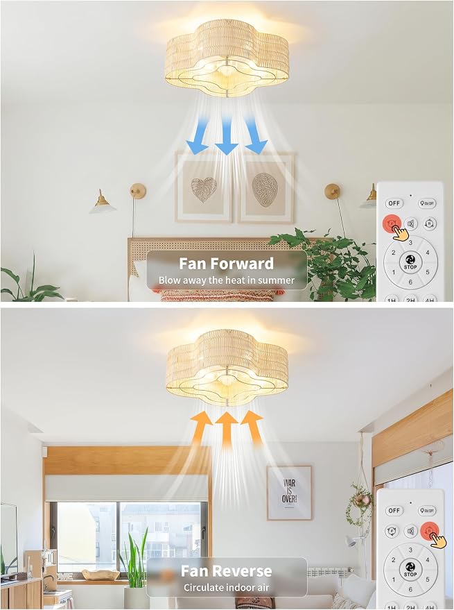 Boho Ceiling Fans with Lights, 20" Low Profile Ceiling Fan with Light Remote Control, Bladeless Flush Mount with 6 Speeds for Bedroom, Nursery, Living Room.