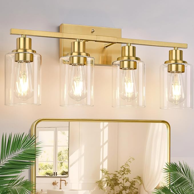 Indoi 4-Light Bathroom Light Fixtures, Brushed Gold Modern Vanity Lights with Clear Glass Shades, Bathroom Wall Lamp for Mirror Living Room Cabinet Bedroom Porch