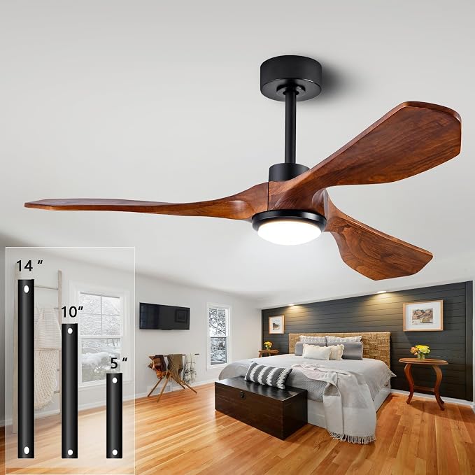 52 Inch Walnut Wood Ceiling Fan with Lights, DC Motor with Remote Control | solid walnut wood blades, dc inverter motor, remote control, dimmable led light, indoor outdoor for patio farmhouse office